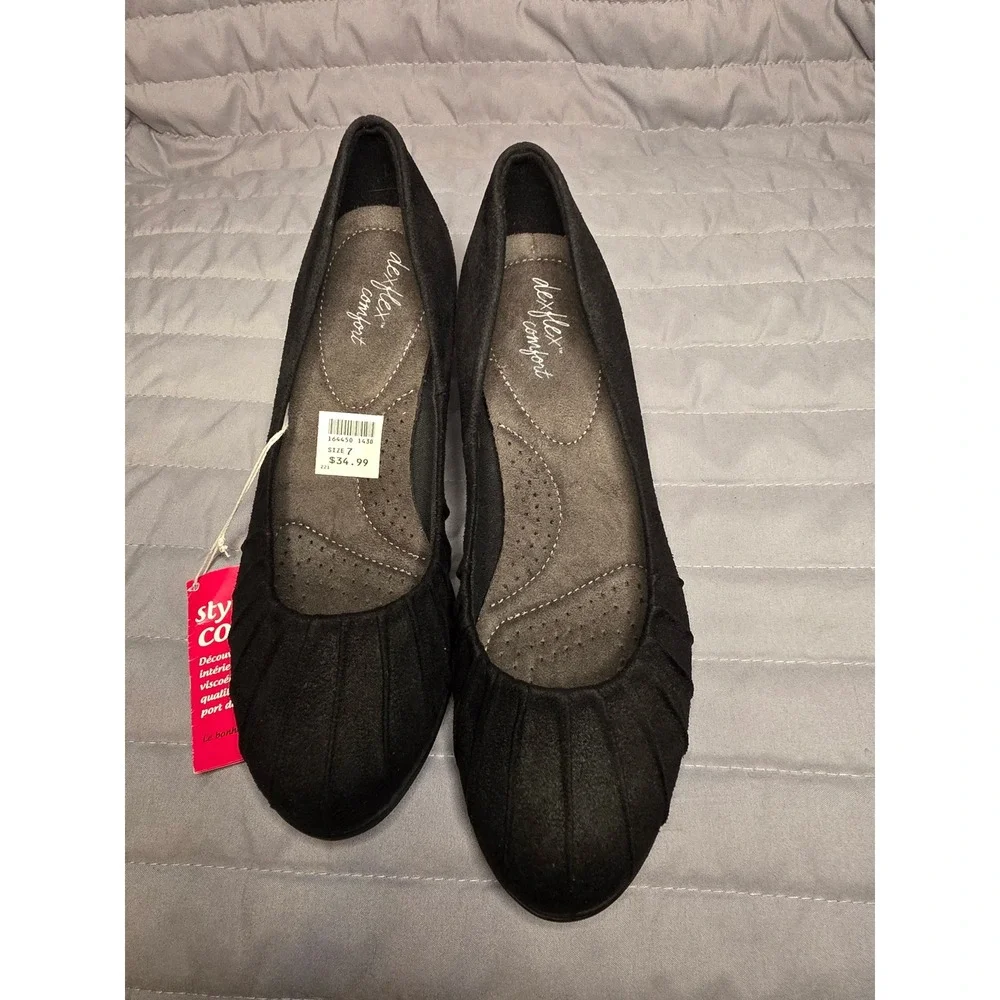 1016 Dexflex Comfort Black Fabric Pleated Round Toe Wedge Pumps Shoes 7 164450